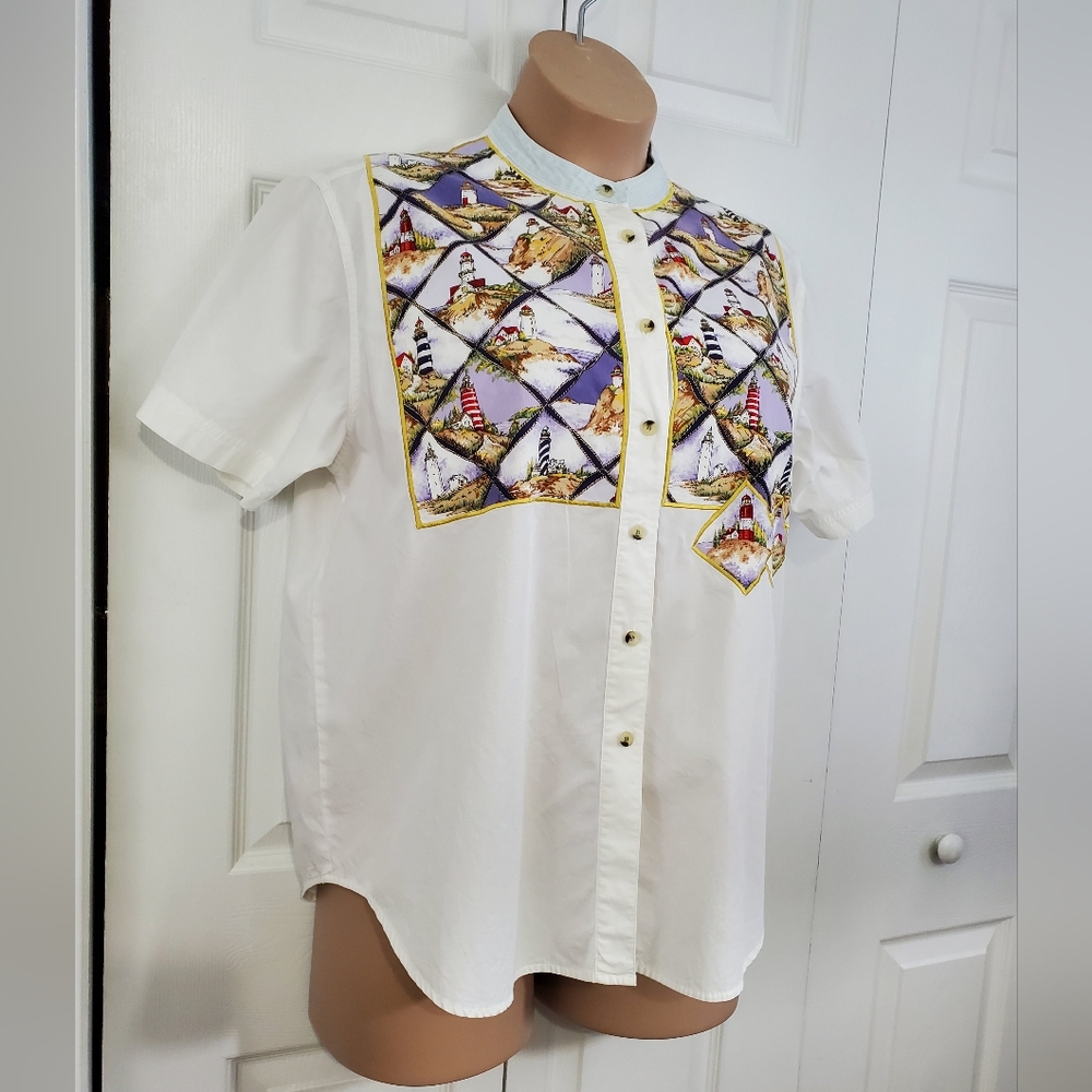 Quacker Factory Lighthouse Coast Button Down Cotton Shirt Womens 1X ~ Pre-Owned - Picture 2 of 12